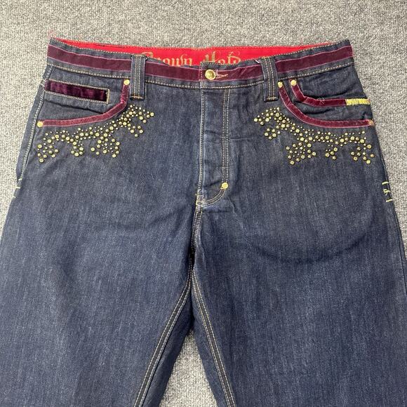 Vintage Y2K Crown Holder Japanese Denim Jeans Embroidered Baggy Street Men 36x32 - Picture 4 of 11